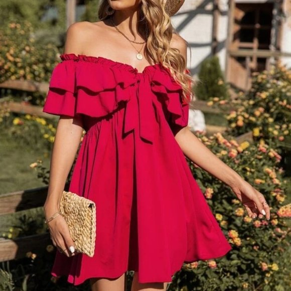 MODA ME COUTURE Dresses & Skirts - Red Frill Knot Front Ruffle Hem Off Shoulder Dress